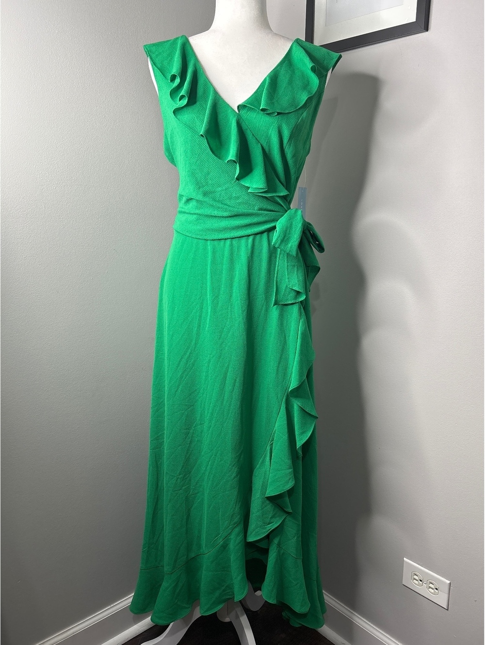 London Times Green Ruffle Wrap Maxi Dress Size 12